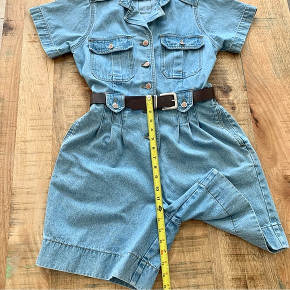 Bill Blass Vintage 90’Blue Denim Stretch Waist Pleated Romper Jumper Sz Medium - Picture 11 of 15